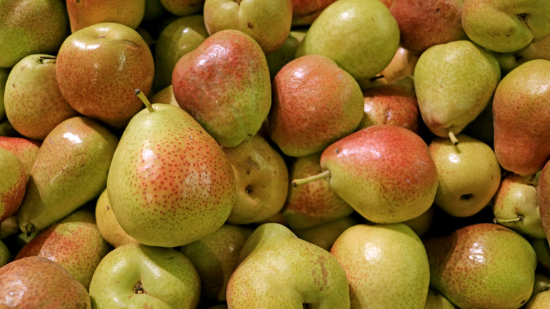 close-up of fresh forelle pears in a pile