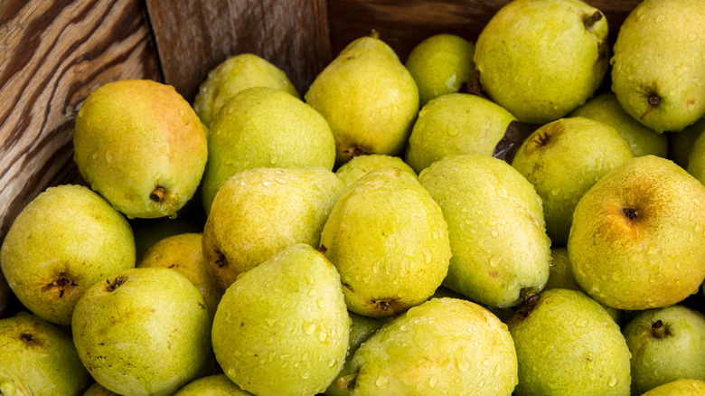 close-up of green d'anjou pears in a pile, in a wood crate
