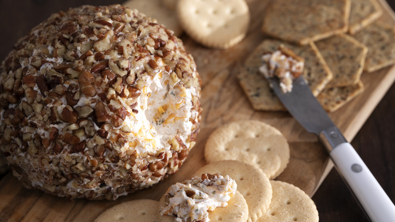 A cheese ball with crackers