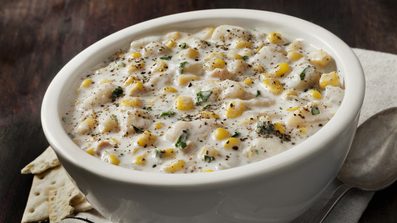 Close-up on a bowl of corn chowder