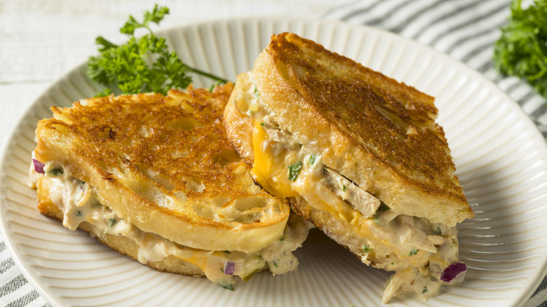 Close-up of a tuna melt sandwich on plate