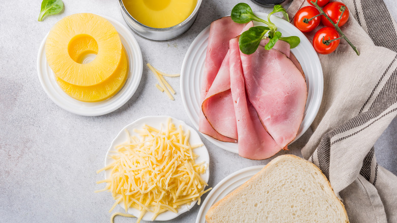 Overhead view of sandwich ingredients laid out on counter