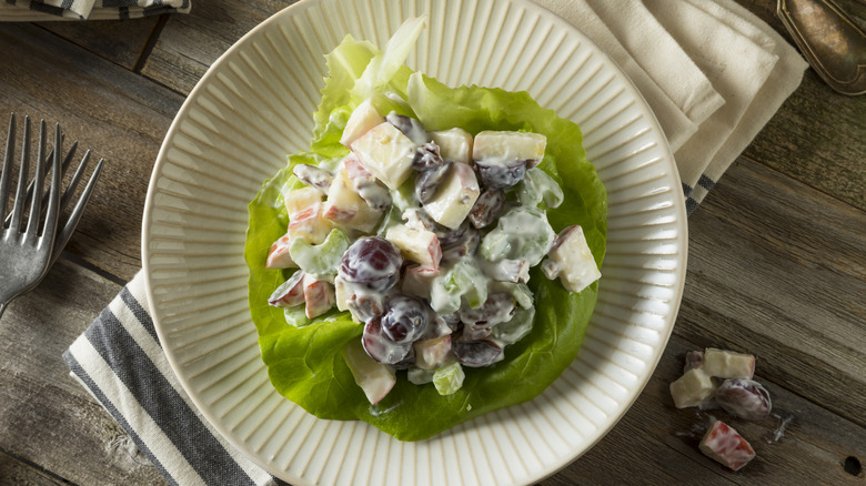 Overhead view of a serving of Waldorf salad