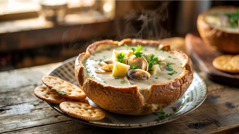 A bowl of seafood stew, served in a bread bowl with crackers