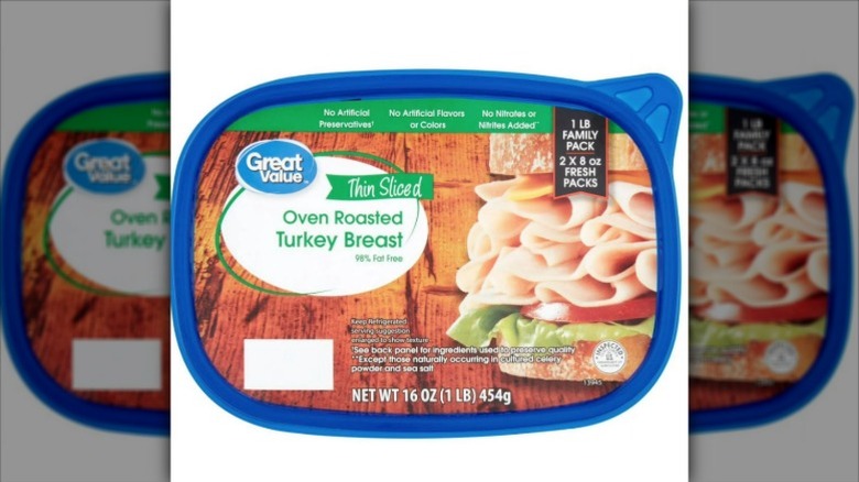 A container of Great Value Thin Sliced Oven Roasted Turkey Breast