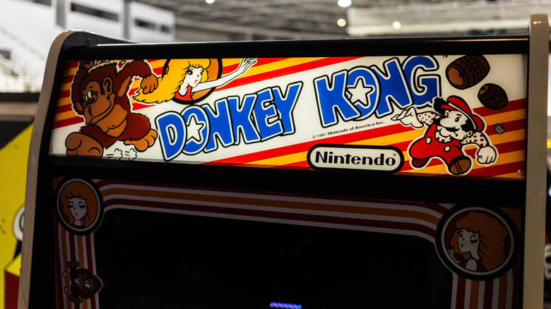Close-up on a 1980s Donkey Kong arcade game