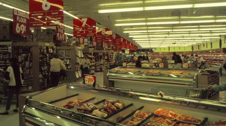 The interior of a large supermarket from the 1980s