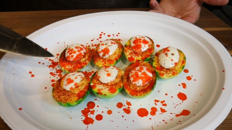 White plate of Jason Voorhees deviled eggs