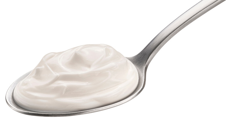 Sour cream on a spoon isolated against a white background