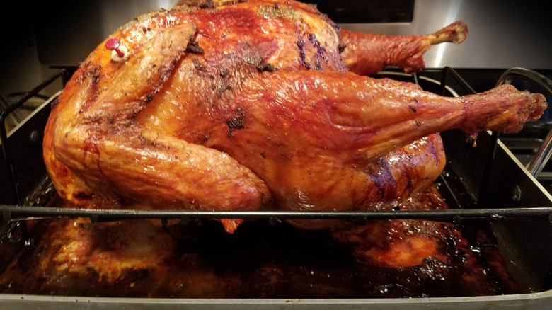 Close up of a turkey cooking in the oven with drippings apparent in the pan
