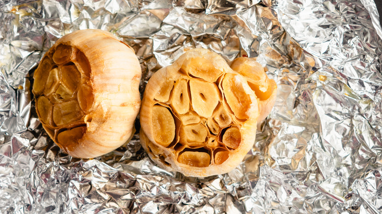 Roasted garlic bulbs in foil