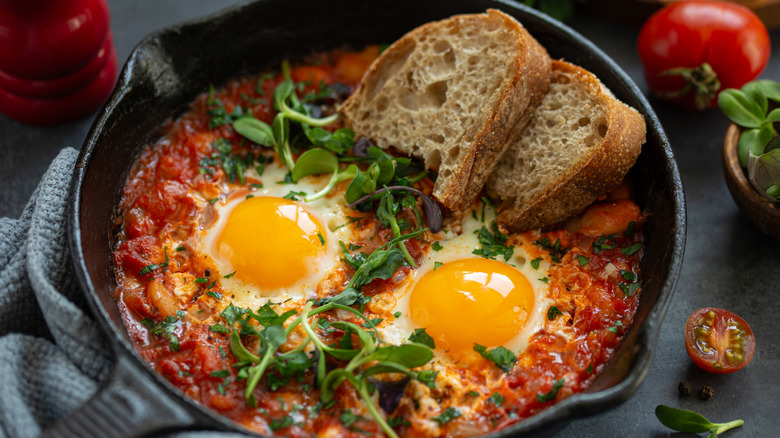 A pan of shakshuka, with slices of sourdough bread