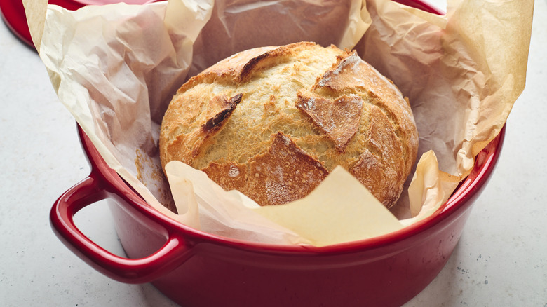 Sourdough bread in a red Dutch oven lined with parchment paper