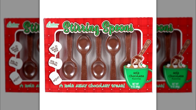 A package of five chocolate stirring spoons