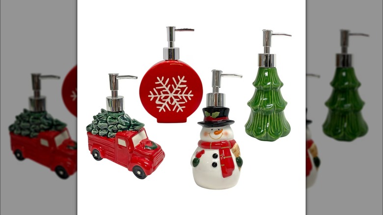 Four assorted Christmas/winter-themed soap pumps