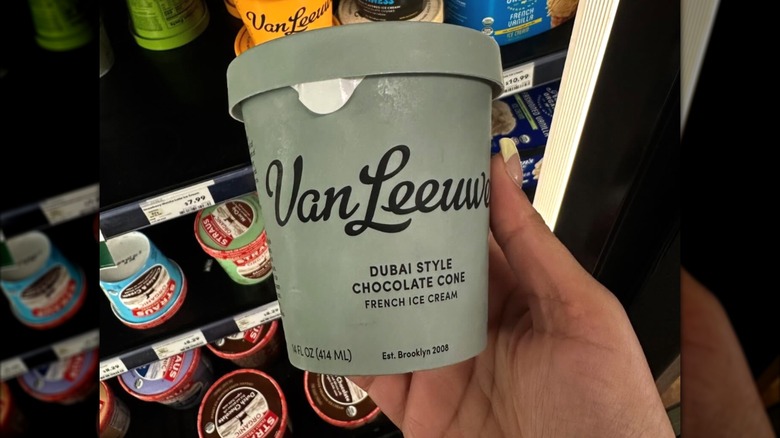 A pint of Van Leeuwen Dubai Style Chocolate Cone Ice Cream
