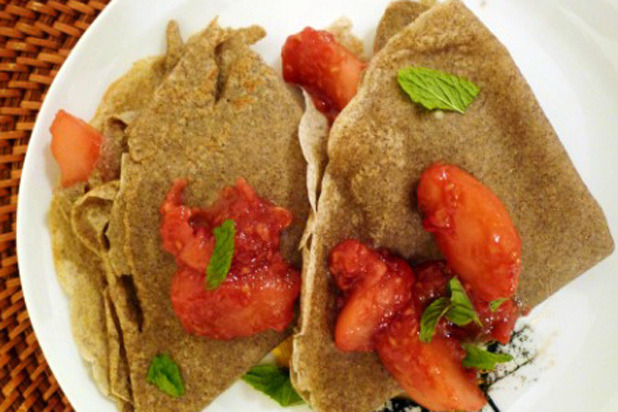 Buckwheat Crepes with Peach Raspberry Compote