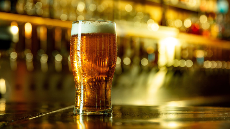 A pint of beer sits on a bar