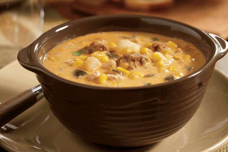 Poblano Corn Chowder With Chicken and Chorizo