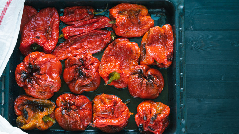 roasted red peppers in baking tray