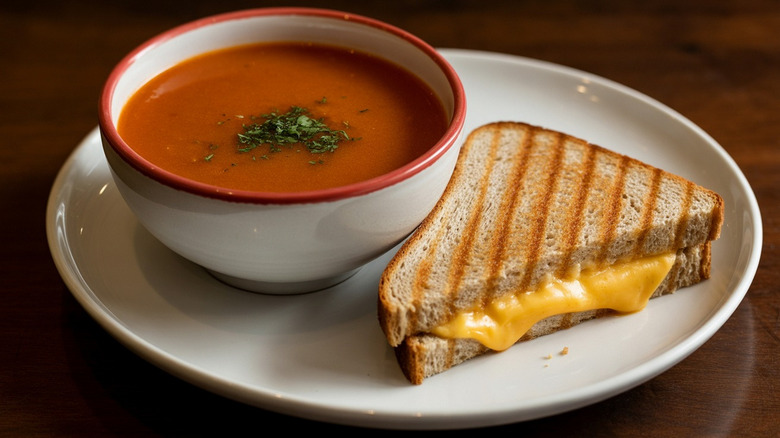 Half of a grilled cheese sandwich served with a bowl of tomato soup