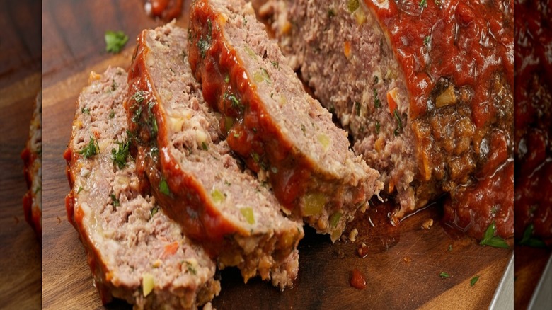 Close-up of slices cut from a meatloaf