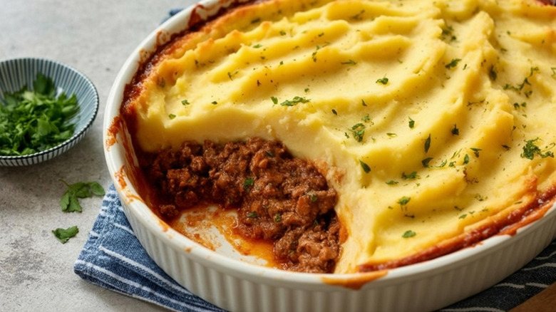 Close-up view of a serving taken from a shepherd's pie in a casserole dish