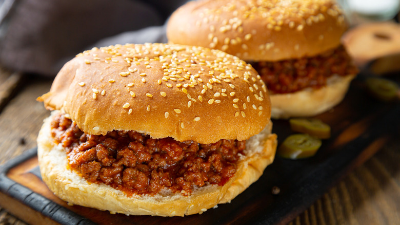 Close-up of sloppy Joe sandwiches on a cutting board