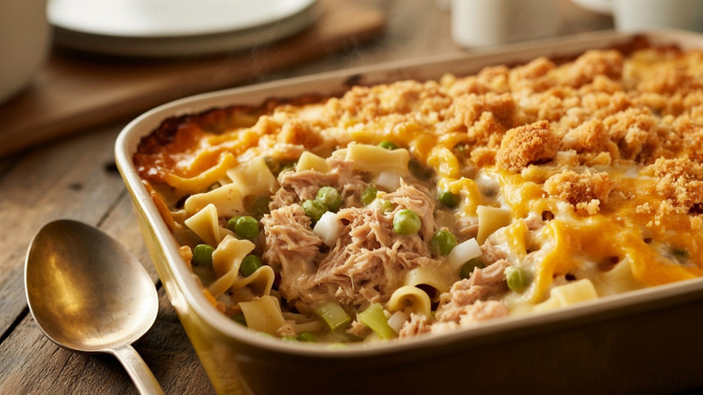 Close-up on a tuna noodle casserole posed on wooden table