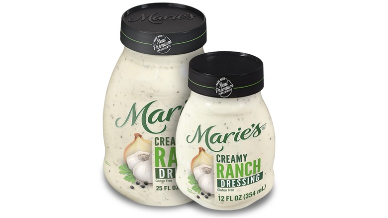 Two different size jars of Marie's Creamy Ranch dressing on white background