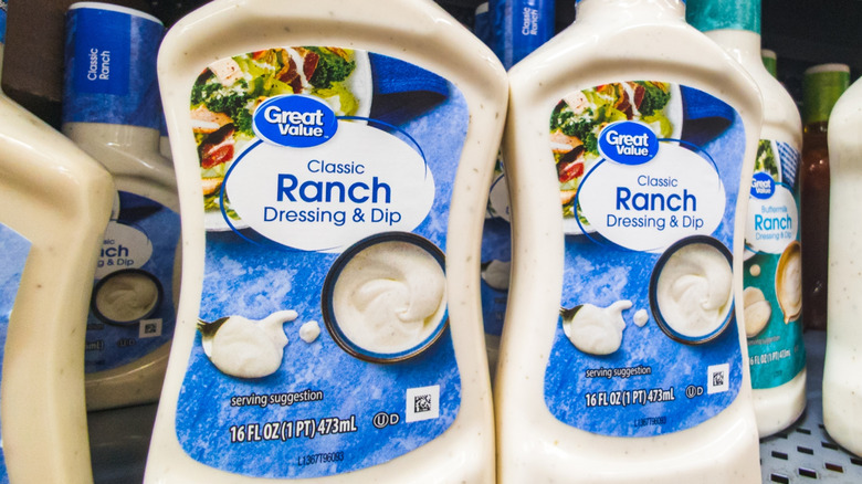 Bottles of Great Value Classic Ranch on a grocery store shelf