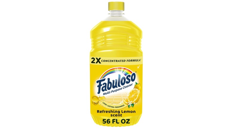 A yellow bottle of Fabuloso Multi-Purpose Cleaner lemon scent with a white background