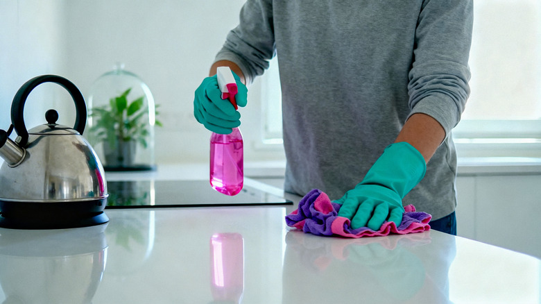 Person with cleanser and gloves cleaning a kitchen countertop
