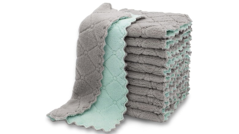 Pack of 12 kimteny Microfiber Dish Cloths in grey and teal with a white background