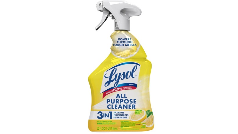 Lemon scented Lysol All Purpose Cleaner Spray with a yellow label and white background