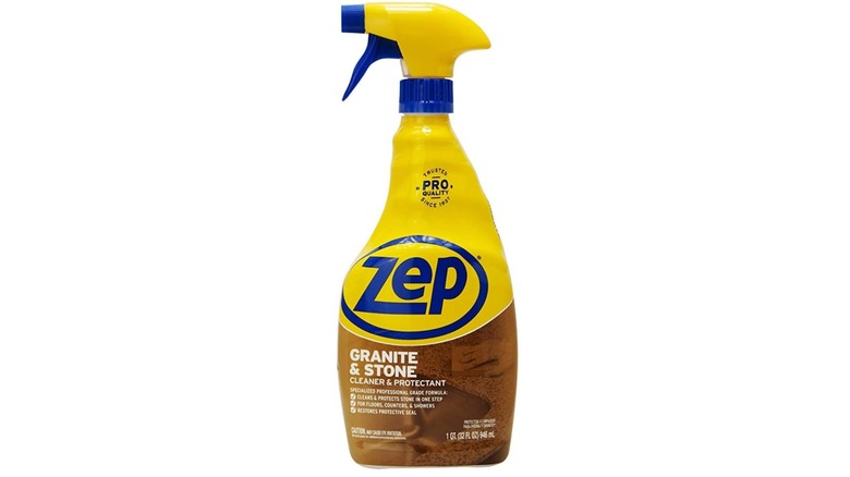 Zep Granite and Stone Cleaner and Protectant with a yellow and brown label and a white background