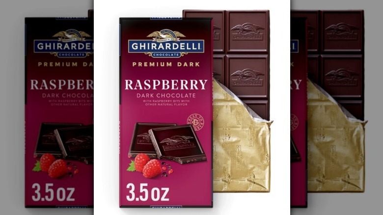 Ghiradelli raspberry dark chocolate on white background
