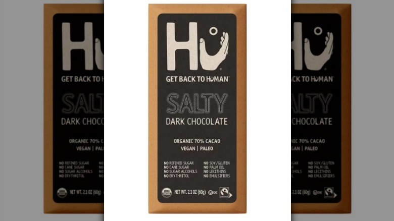 Hu salty dark chocolate on white background