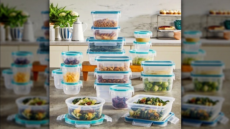 Snapware container set with food stacked on counter