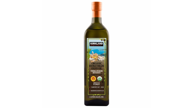 glass bottle of Kirkland Signature Organic Extra Virgin Olive Oil