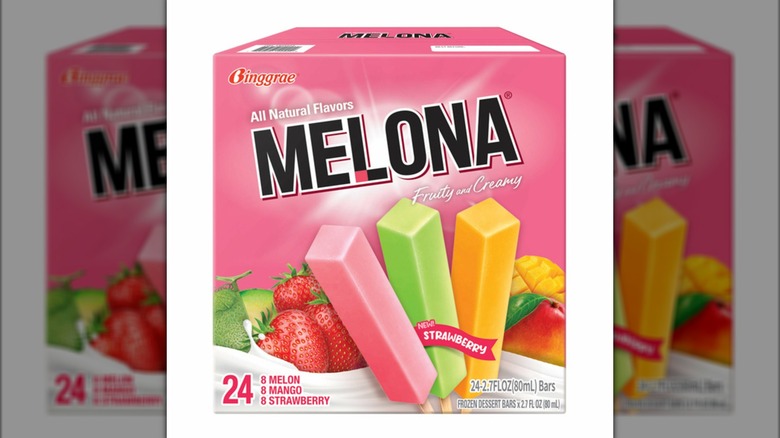 A pink box of Melona Ice Bars in mango, coconut, and strawberry