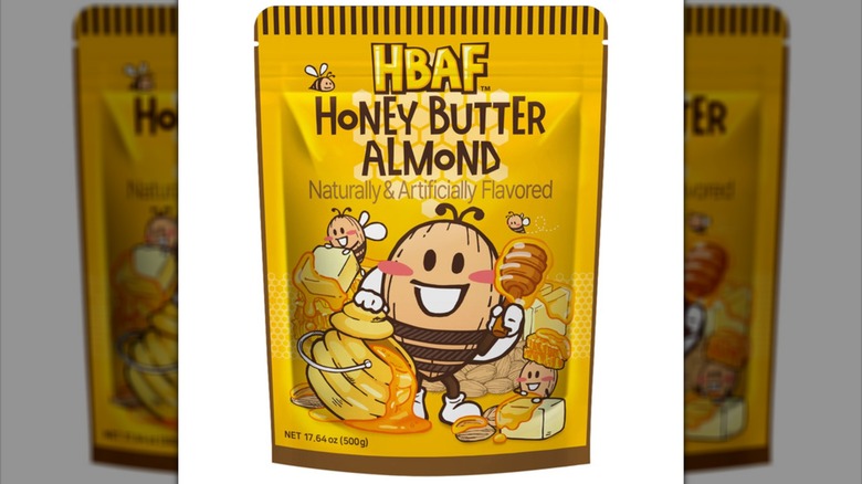 A yellow bag of HBAF Honey Butter Almonds