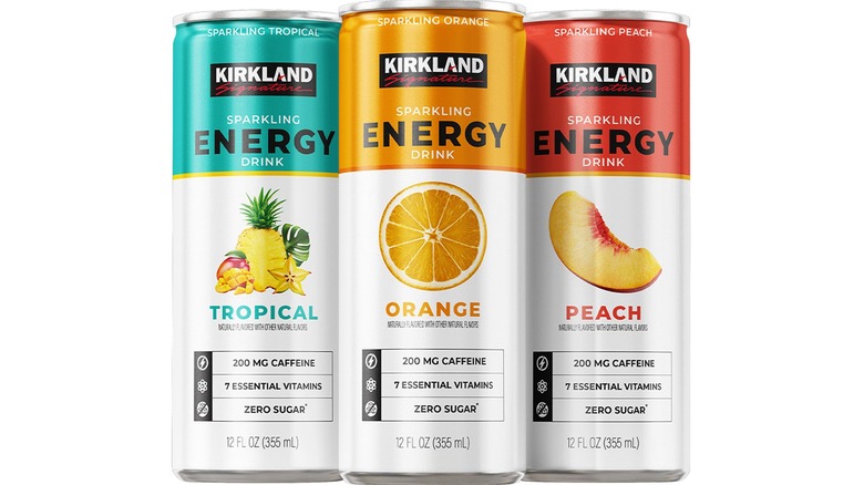 Cans of Kirkland Sparkling Energy Drink in tropical, orange, and peach flavors