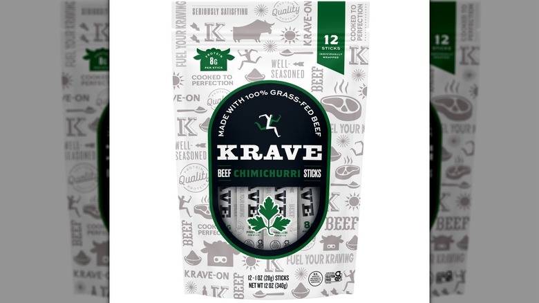 A resealable bag of Krave Chimichurri Beef Sticks