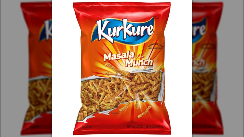 A reddish orange bag of Kurkure Masala Munch snacks