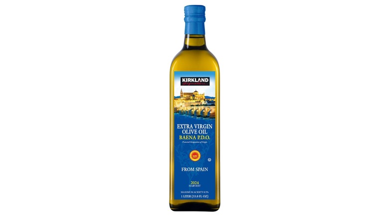 A bottle of Kirkland Signature Extra Virgin Olive Oil Baena P.D.O.
