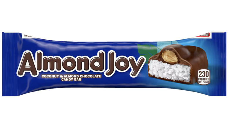 Almond Joy in a dark blue package on white background