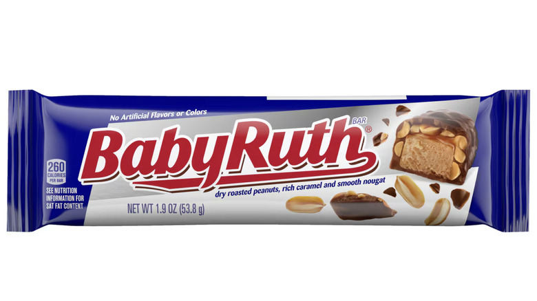 Baby Ruth bar in a dark blue and gray package on white background