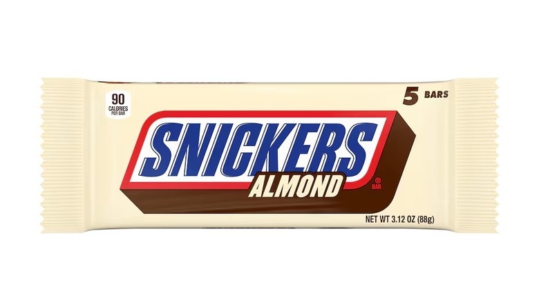 Snickers almond bar on white background