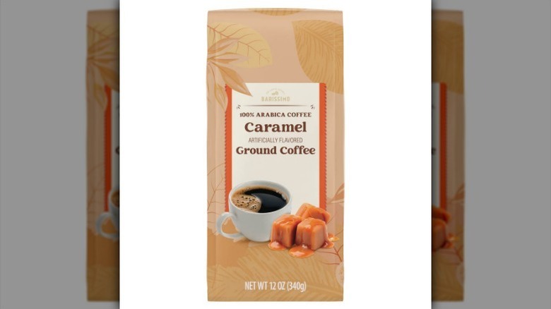 Caramel ground coffee bag on white background